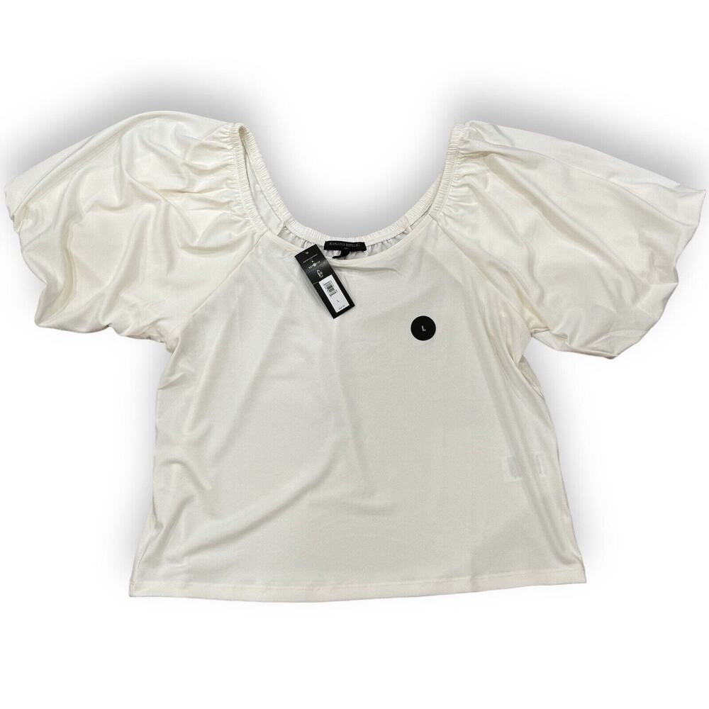 Banana Republic SS Crepe Puff Crop Blouse Womens L Stretch Top Cream Summer NWT